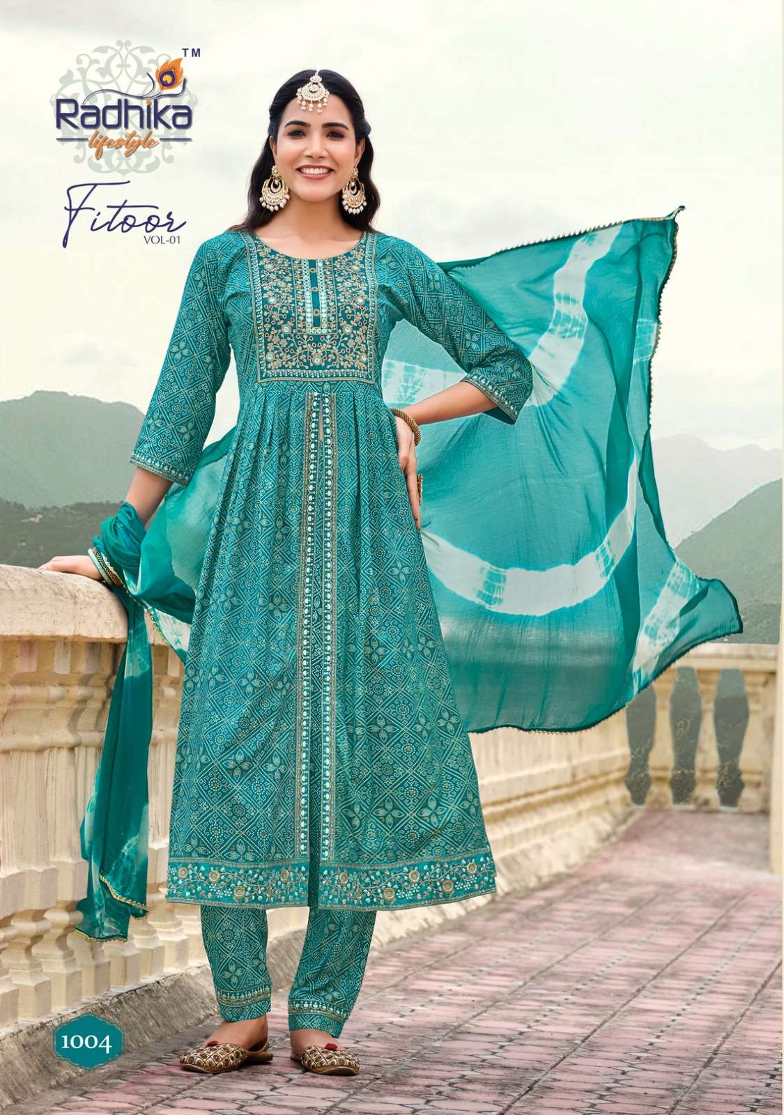 FITOOR REYON LIVA TAG PRINT EMBROIDERY WORK MIDDLE CUT KURTI WITH PANT AND NAZMIN TIE DIE DUPATTA BY RADHIKA LIFESTYLE BRAND 1004